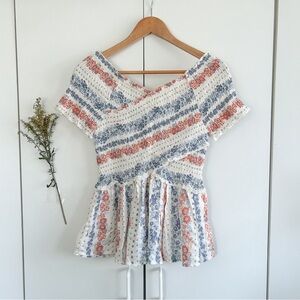 Japna White Floral Smocked Peplum Top • Sz M